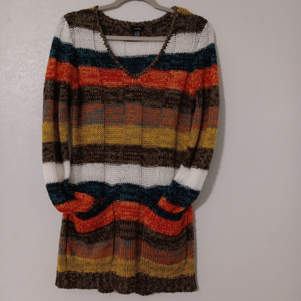 Rue21 Long Tunic Sweater Women's Sz XL Multi-Color Stripes V-neck w/ Pockets...